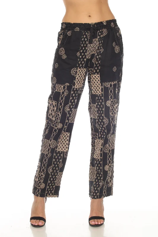 Johnny Was Biya Black Linen Embroidered Pull On Pants Boho Chic B66023A2