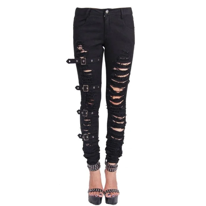 Women's Punk Distressed Trousers With Straps