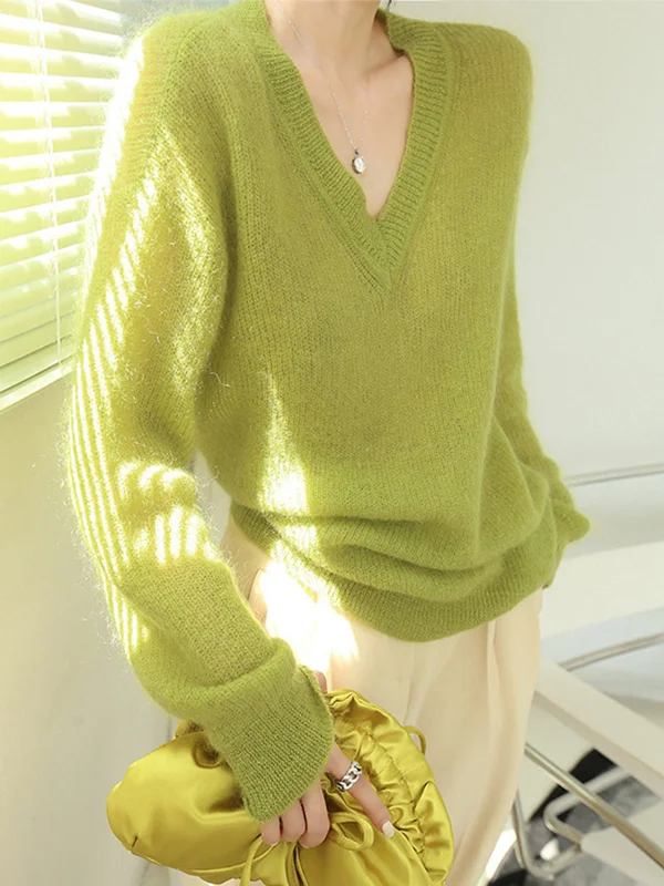 Lime Garden Graceful Furry V-Neck Sweater