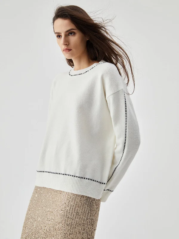 Knit Contrast Trim Trendy Crew Neck Sweater