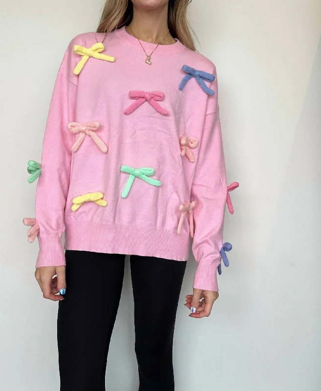 Multicolored Bow Detail Sweater In Light Pink