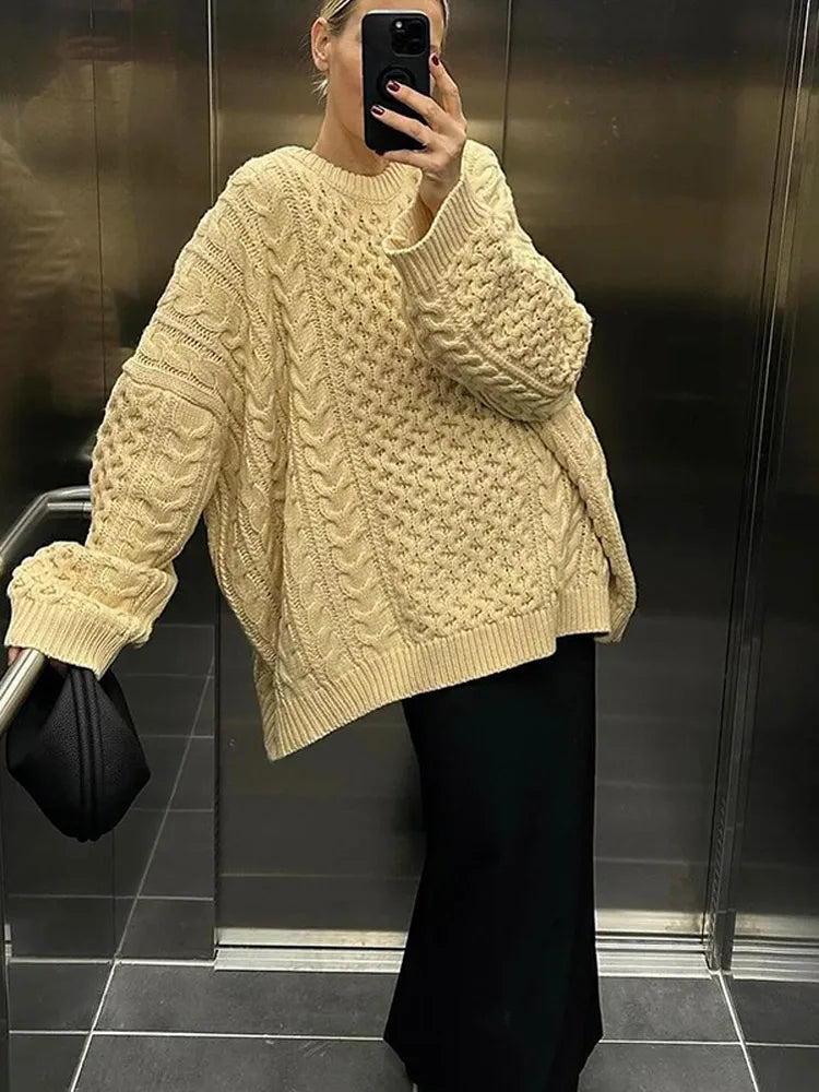 New Elegant Solid Color Round Neck Loose Women's Casual Long Sleeves Knitted Sweater