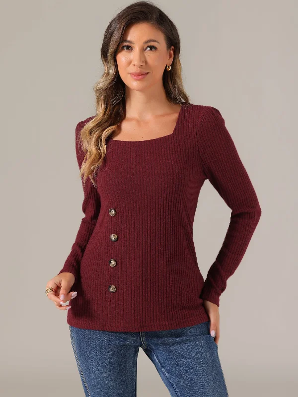 Long Sleeve Button Decor Square Neck Sweater Knit Top