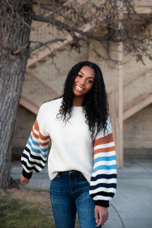 Eden Super Soft Sweater with Striped Sleeves in Ivory