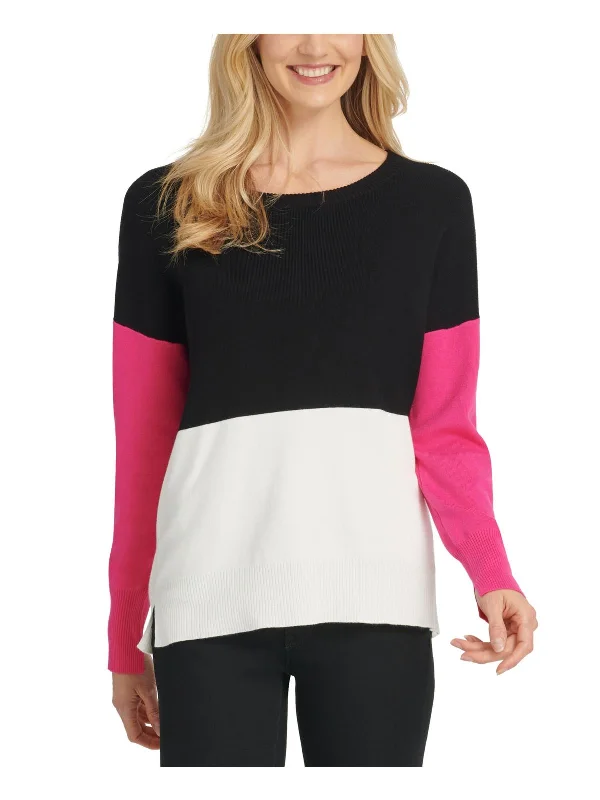 Womens Colorblock Ribbed Trim Crewneck Sweater