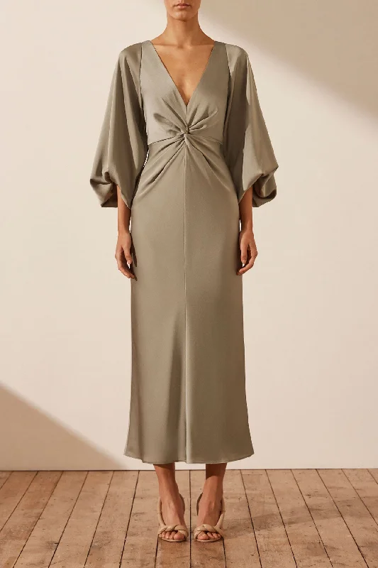 LUXE BALLOON SLEEVE KNOT FRONT MIDI DRESS - EUCALYPTUS