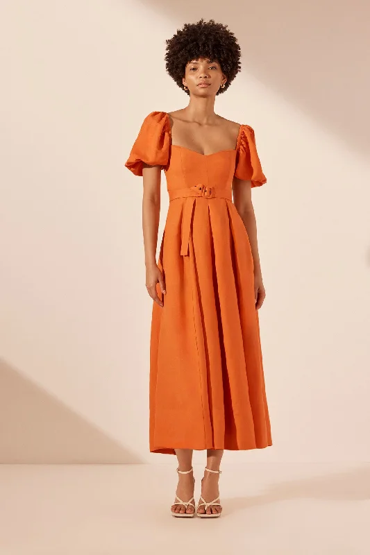 SOLLER SHORT SLEEVE PANELLED MIDI DRESS - TANGERINE