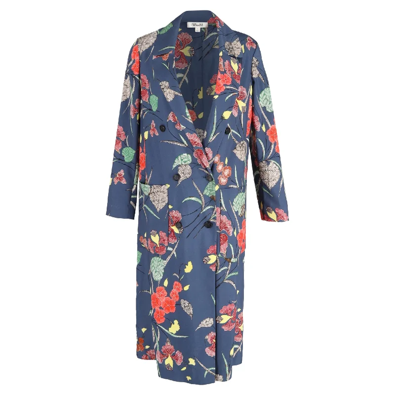 Diane Von Furstenberg Floral Print Double-Breasted Coat in Blue Polyester