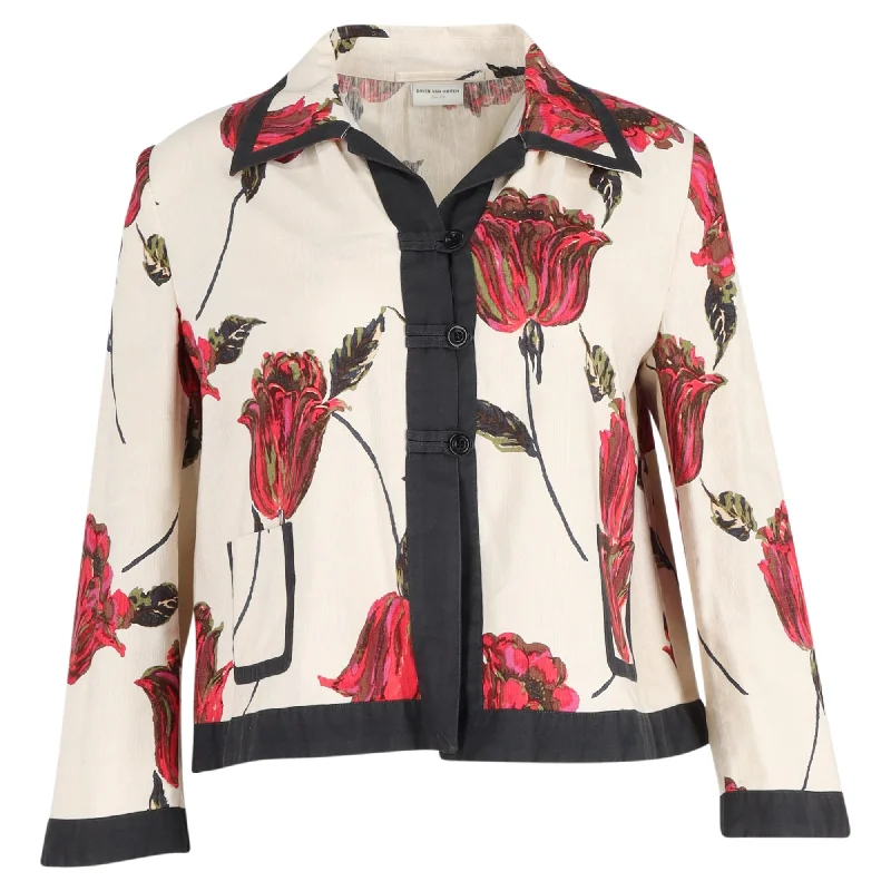 Dries Van Noten Floral Short Jacket in White Linen