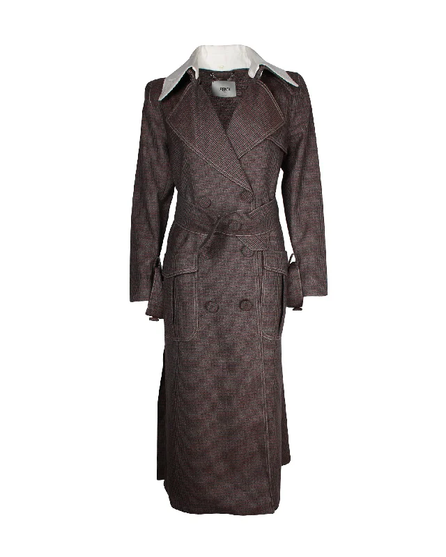 Fendi Gingham Trench Coat in Brown Virgin Wool