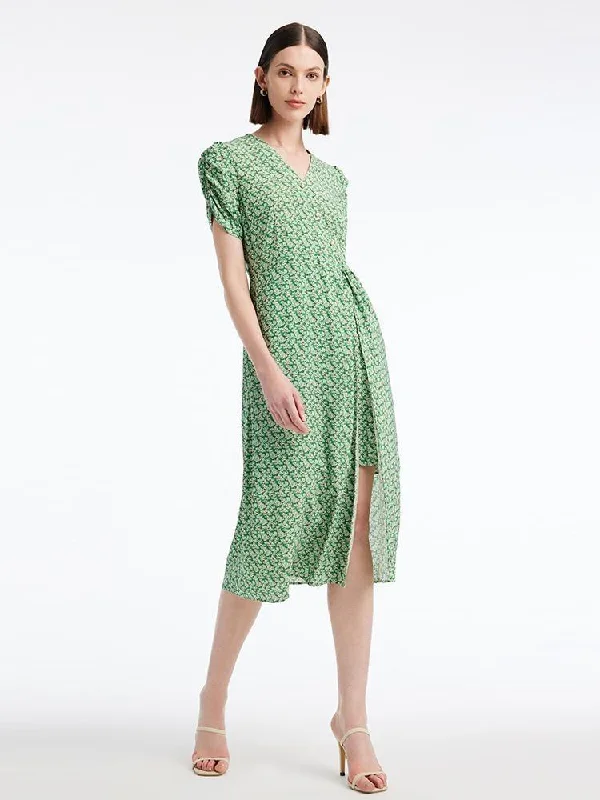 Green Print V-Neck Midi Dress