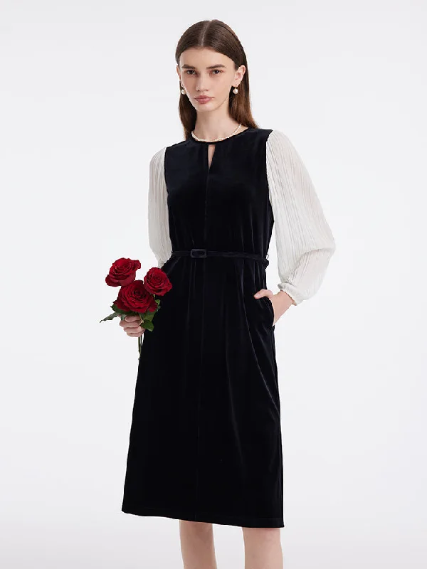 Pleated Sleeves Velvet Patchwork Women Midi Dress