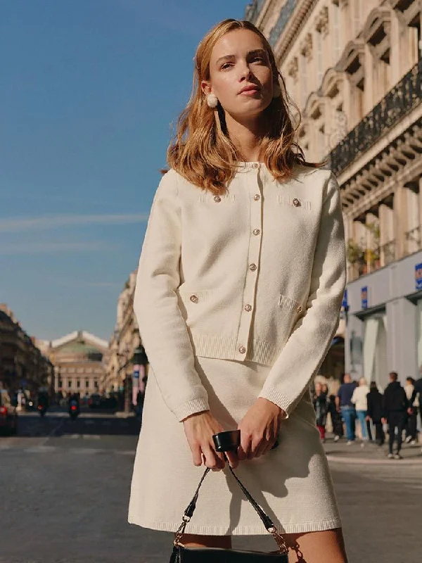 White Round Neck Cardigan And Skirt Two-Piece Suit