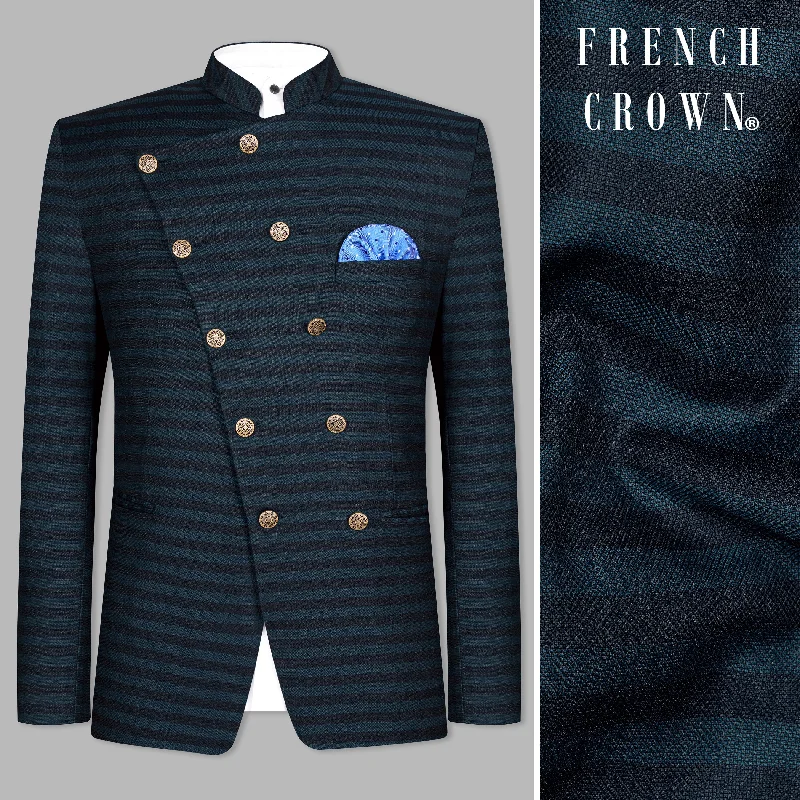 Bluish Blue And Jade Black Striped Cross Placket Bandhgala Blazer