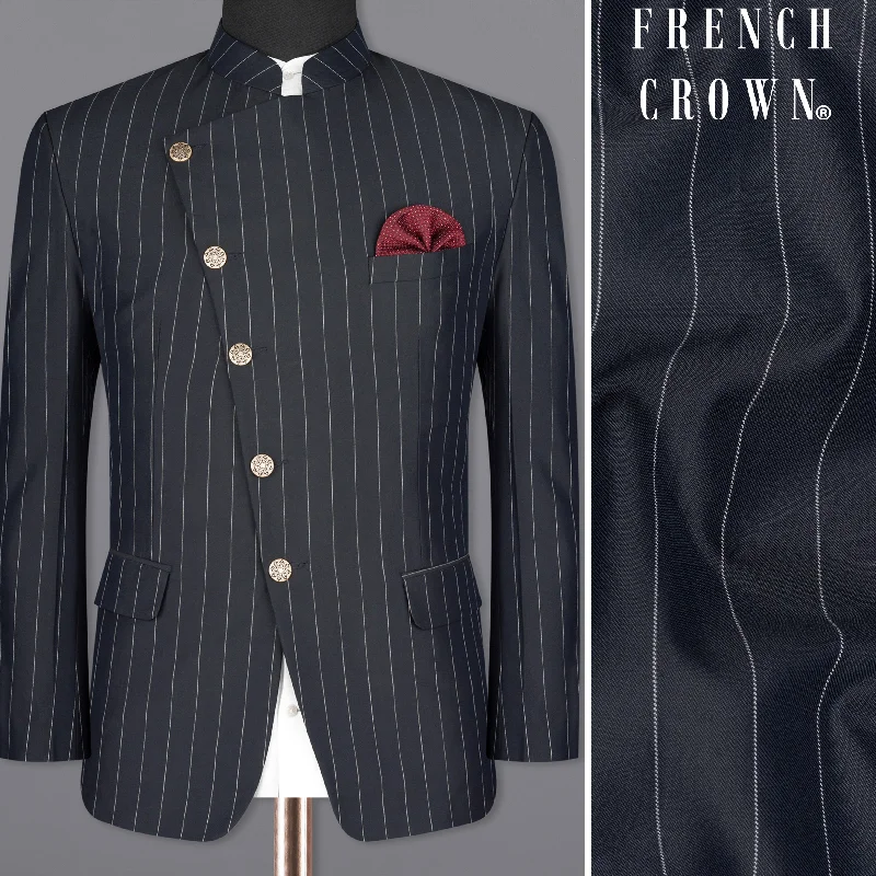 Charcoal Striped Cross Placket Wool Rich Bandhgala Blazer