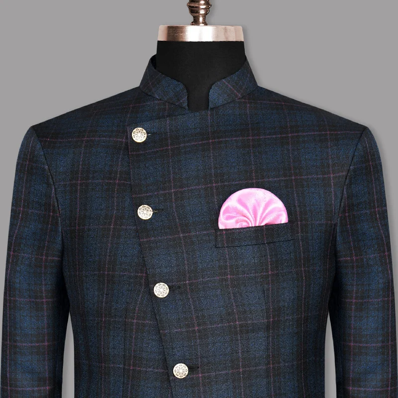 Jade Black with Blue Plaid and red windowpane Cross Placket Bandhgala/Mandarin Wool-Silk blend Blazer