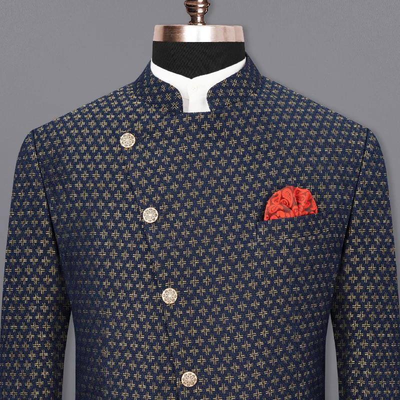 Stratos Blue Houndstooth Texture Cross Placket Bandhgala Blazer