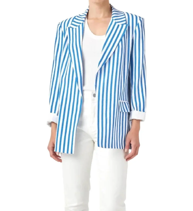 Striped Pocketed Blazer In Blue/white