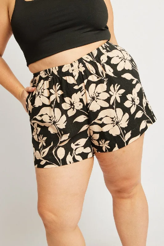 Black Floral Elastic Waist Linen Blend Shorts